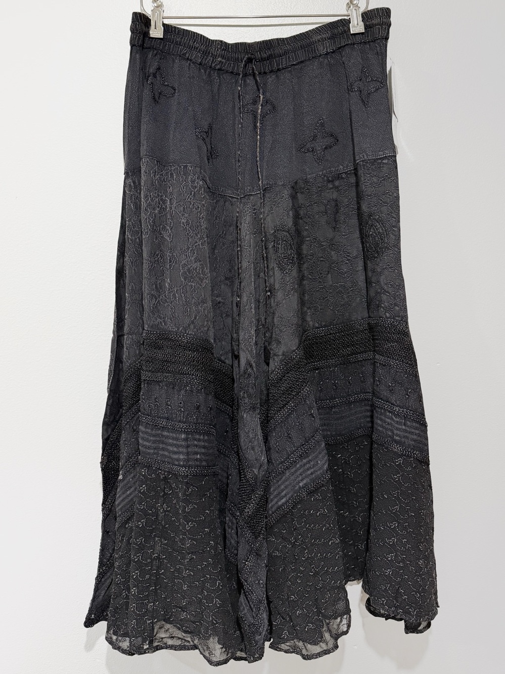 Papillon Boho Black Embroidered Distressed Maxi Skirt NWT Rayon Size Large